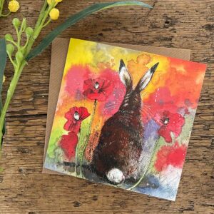 Hare and Red Poppies Blank Card (square)